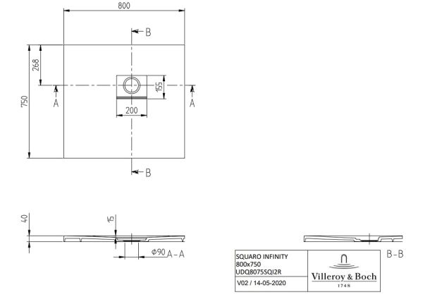 Villeroy&Boch Squaro Infinity Quaryl®-Duschwanne, Eckeinbau rechts gegen Wand, 80x75cm, technische Zeichnung