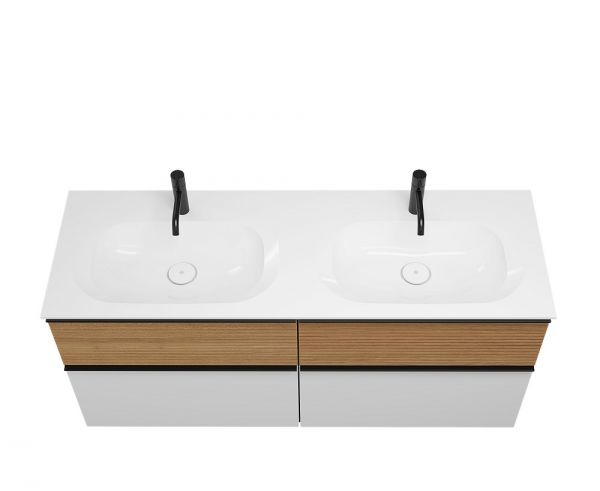 Burgbad Fiumo Doppelwaschtisch 142cm mit Waschtischunterschrank mit Plisséefront, 4 Auszüge