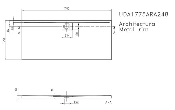 Villeroy&Boch Architectura MetalRim Duschwanne inkl. Antirutsch (VILBOGRIP),170x75cm, weiß, techn. Zeichnung