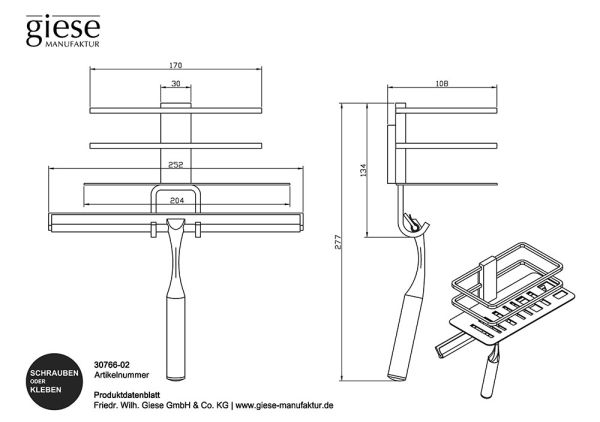 Giese Piano abnehmbarer Duschkorb mit Rasierhalter und Wischer zum Kleben und Schrauben, chrom