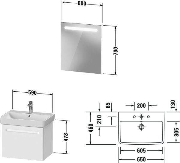 Duravit No.1 Badmöbel-Set 65cm mit Waschtisch, Spiegel, 1 Auszug und Innenschublade