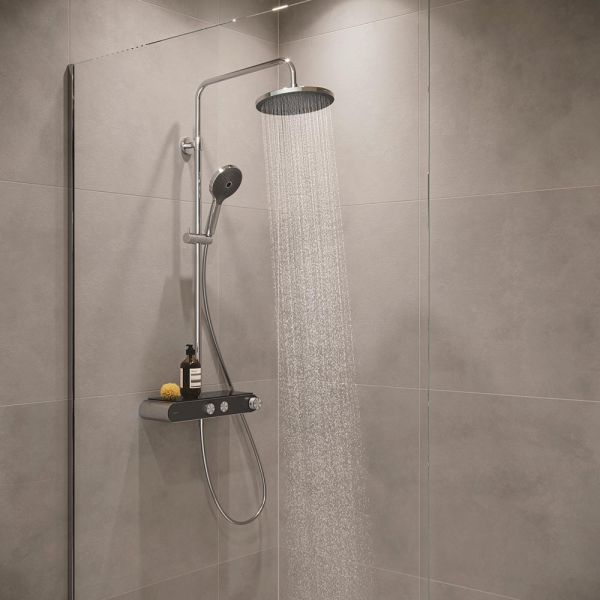 Duravit ShowerSystem Duschsystem, höhenverstellbare Regendusche, Thermostat, Ablage, chrom/schw