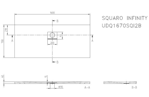 Villeroy&Boch Squaro Infinity Quaryl®-Duschwanne, lange Seite geschnitten an der Wand, 160x70cm, technische Zeichnung