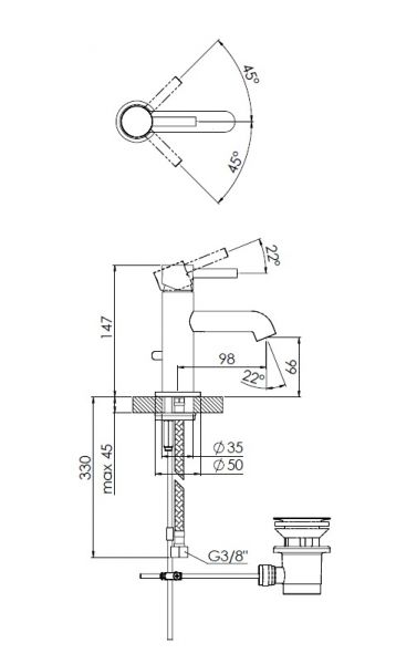 Steinberg Serie 100 Waschtisch-Einhebelmischer mit Ablaufgarnitur, Ausladung 98mm, chrom