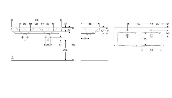 Geberit Renova Plan Doppel-Waschtisch mit 2 Hahnlöchern, mit Überlauf, 130x48cm, weiß, weiß 501710001_2