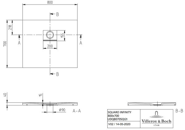 Villeroy&Boch Squaro Infinity Quaryl®-Duschwanne, flächenbündiger Einbau, 80x70cm, techn. Zeichnung