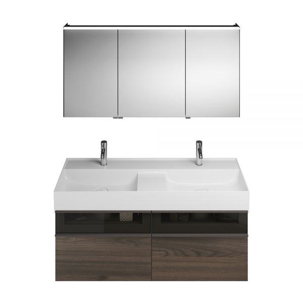 Burgbad Yumo Badmöbel-Set 131,5cm, Spiegelschrank, Mineralguss-Doppelwaschtisch und WT-Unterschrank SFLB132
