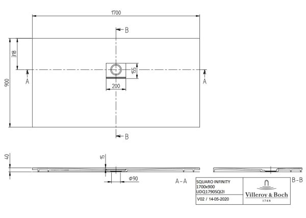 Villeroy&Boch Squaro Infinity Quaryl®-Duschwanne, flächenbündiger Einbau, 170x90cm, techn. Zeichnung