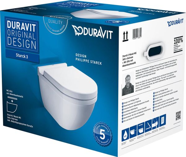 Duravit Starck 3 Wand-WC Set inkl. WC-Sitz mit Absenkautomatik, 54x36cm, oval, Durafix, weiß 42250900A1