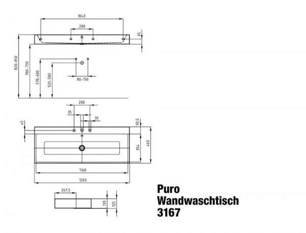 Kaldewei Puro Wand-Doppelwaschtisch 120x46cm, mit Perl-Effekt, Mod. 3167