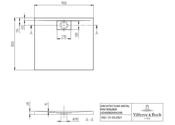 Villeroy&Boch Architectura MetalRim Duschwanne, 90x80cm UDA9080ARA248V-01