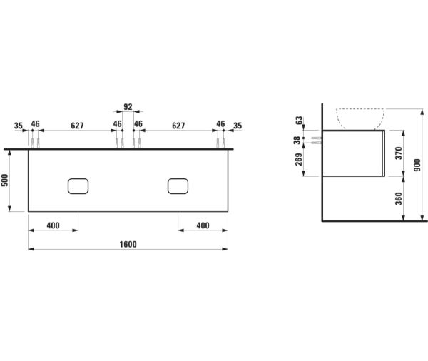 Laufen IL BAGNO ALESSI One Schubladenelement 1600, Ausschnitt links & rechts, zu WT H818975/6/7/8