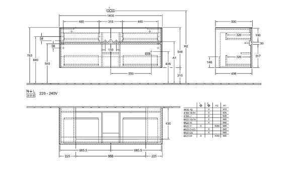 Villeroy&Boch Collaro Waschtischunterschrank passend zu Aufsatzwaschtisch 4A331G, 4 Auszüge, 140cm