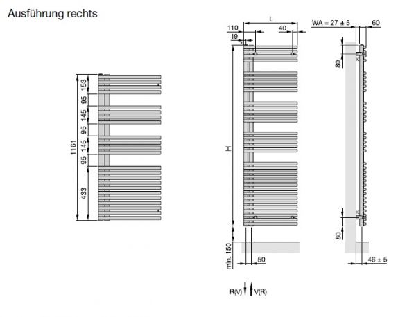 Zehnder Forma Asym Design-Badheizkörper, Auführung rechts LFAR-120-060