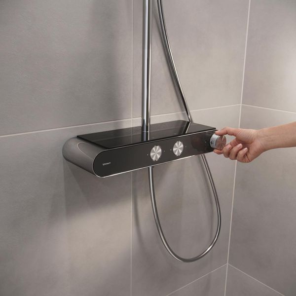 Duravit ShowerSystem Duschsystem mit höhenverstellbarer Regendusche, Thermostat, Ablage, chrom/schw