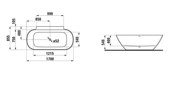 Laufen Lua Badewanne wandgebunden, Gel-Coat Oberfläche, 170x85,5cm, weiß H2200870000001