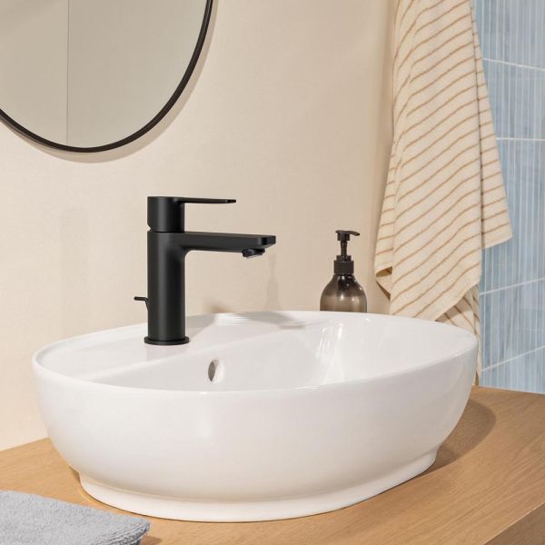 Grohe Lineare Einhand-Waschtischbatterie XS-Size Kaltstart, Ablaufgarnitur, schwarz matt 237902431