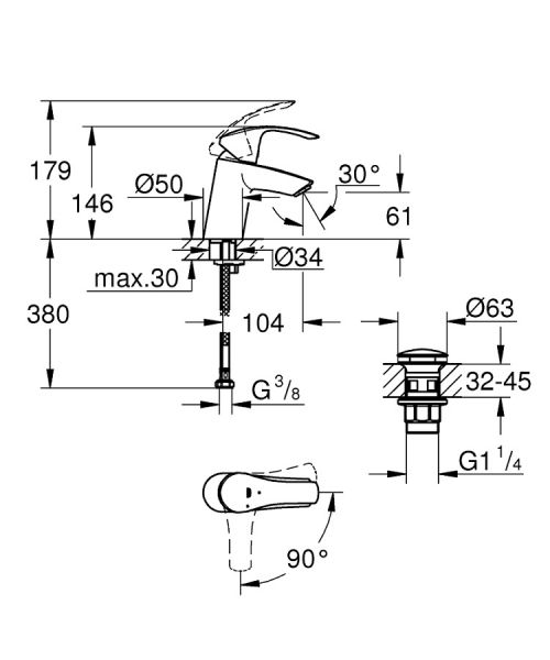 Grohe Eurosmart Einhand-Waschtischbatterie mit Engergiesparfunktion, S-Size, chrom23924002 1