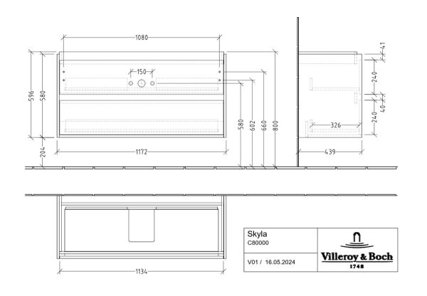 Villeroy&Boch Skyla Waschtischunterschrank C80000 120cm, 2 Auszüge, C80000
