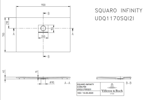 Villeroy&Boch Squaro Infinity Quaryl®-Duschwanne, flächenbündiger Einbau, 110x70cm, techn. Zeichnung