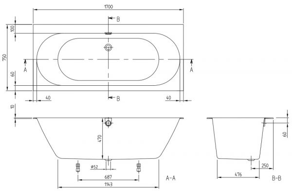 Villeroy&Boch Oberon 2.0 Rechteck-Badewanne 170x75cm