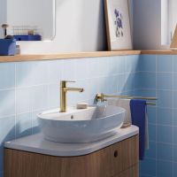 Vorschau: Grohe Lineare Waschtischbatterie S-Size, Push-open Ablaufgarnitur, cool sunrise gebürstet 23106GN1