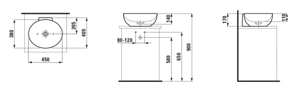 Laufen IL BAGNO ALESSI Waschtisch-Schale, 45x40,5cm, techn. Zeichnung