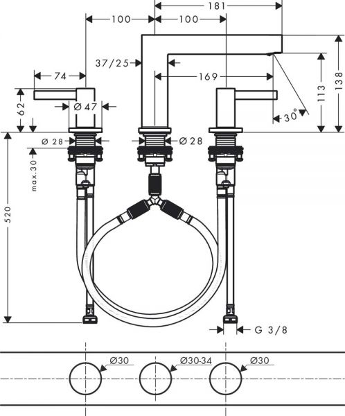 Hansgrohe Finoris 3-Loch Waschtischarmatur 110 mit Push-Open Ablaufgarnitur, chrom 76033000