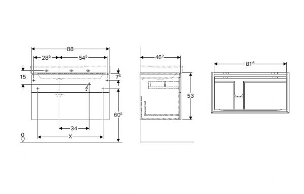 Geberit Xeno² Waschtischunterschrank mit 2 Schubladen, Siphonauschnitt rechts, 88x53cm_1