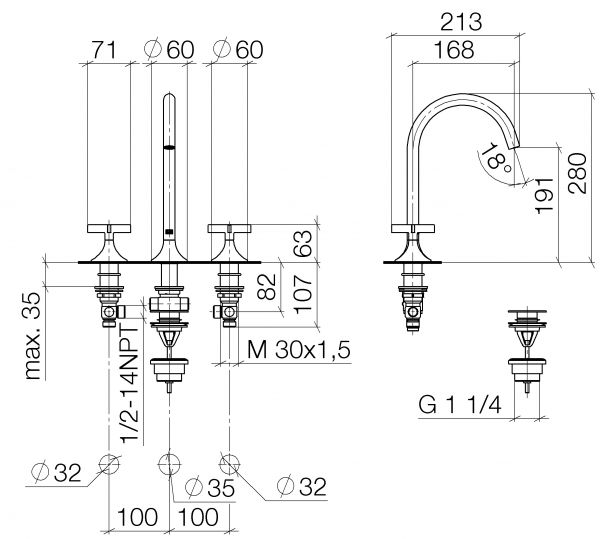 Dornbracht Vaia Waschtisch-Dreilochbatterie mit Ablaufgarnitur, Ausladung 168mm