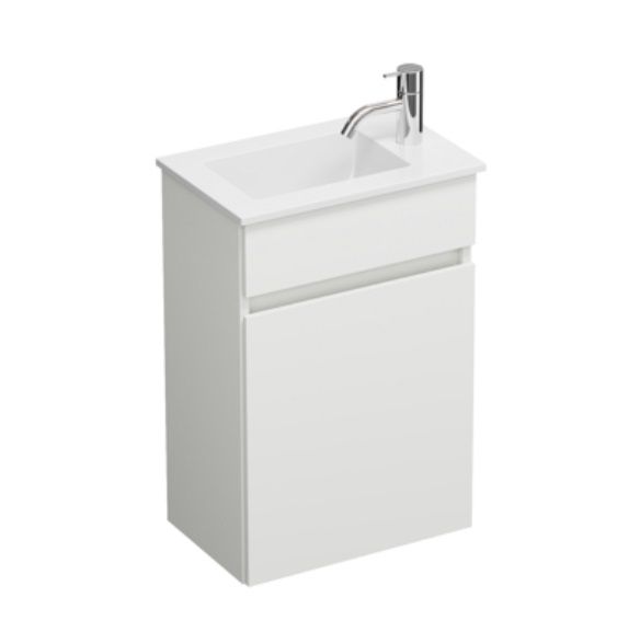 Burgbad Lin20 Gästebad Mineralguss-Handwaschbecken 42x27cm mit Waschtischunterschrank und 1 Tür