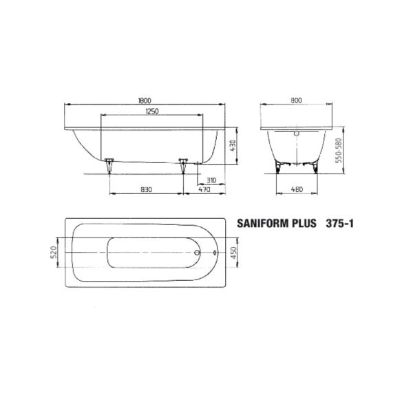 Kaldewei Saniform Plus Rechteck-Badewanne 180x80cm, weiß Mod. 375-1