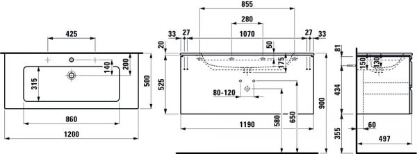 Laufen Pro S Kombipack 120x50cm Waschtisch u. Waschtischunterschrank, 2 Schubladen