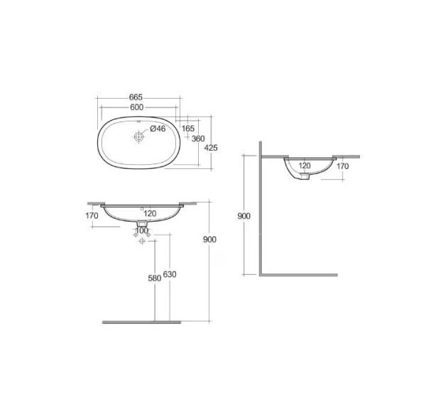 Kludi RESA Unterbau-Waschtisch 60x36cm oval mit Überlauf, weiß