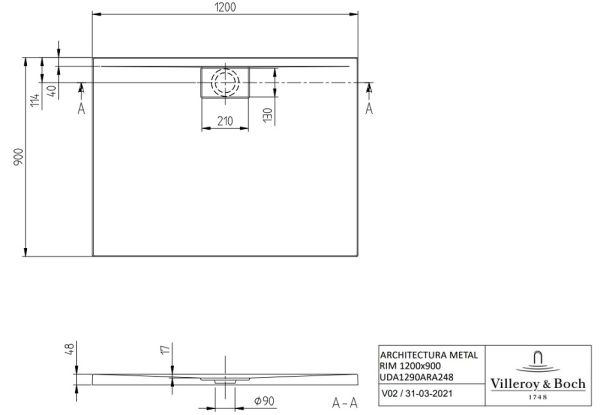 Villeroy&Boch Architectura MetalRim Duschwanne, 120x90cm, weiß, techn. Zeichnung