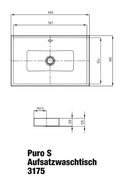 Kaldewei Puro Aufsatzwaschtisch, ohne Hahnloch 60x38,5x12cm, Perl-Effekt Mod.3175
