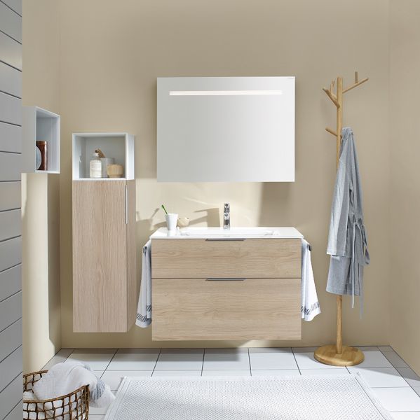 Burgbad Eqio Glas-Waschtisch mit Waschtischunterschrank, eiche dekor cashmere, Griff chrom SEYX092