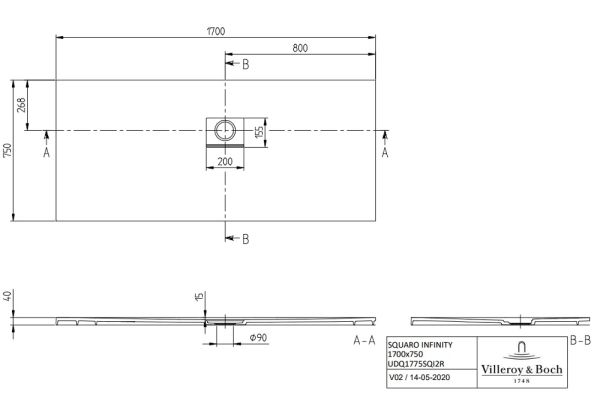 Villeroy&Boch Squaro Infinity Quaryl®-Duschwanne, Eckeinbau rechts gegen Wand, 170x75cm, technische Zeichnung