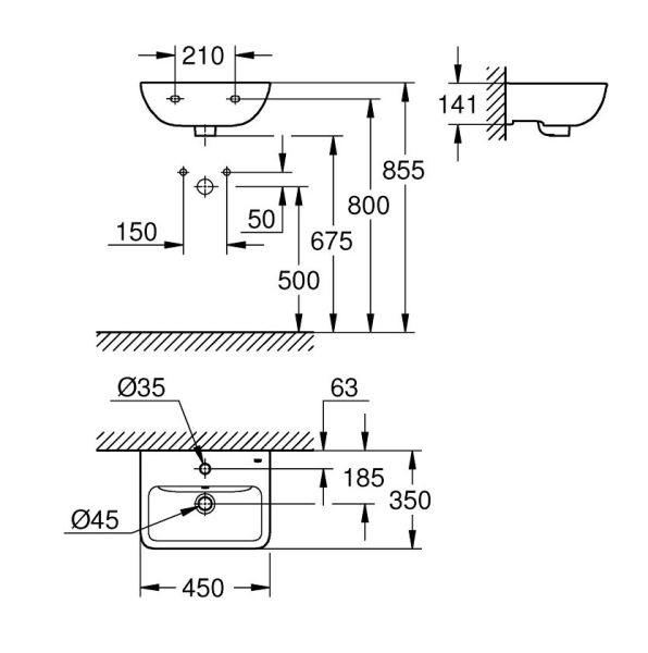 Grohe Start Edge Keramik Handwaschbecken 45cm, weiß
