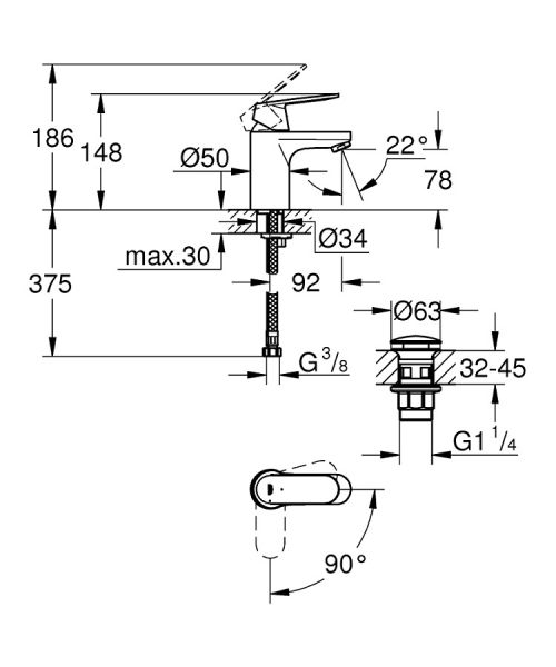 Grohe Eurosmart Cosmopolitan Einhand-Waschtischbatterie mit Energie-Spar-Funktion,S-Size, chrom 23927000 1