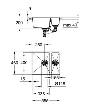 Grohe K500 60-C Küchenspüle und Zusatzbecken 56x46cm, granit schwarz