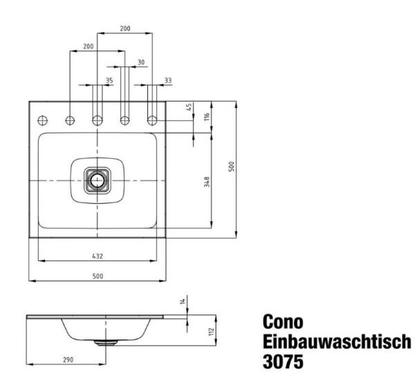 Kaldewei Cono Einbauwaschtisch 50x50x14cm, Mod. 3075