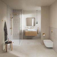 Vorschau: Grohe Lineare Badarmatur S-Size, Zugstangen-Ablaufgarnitur, wassersparend, cool sunrise gebürstet