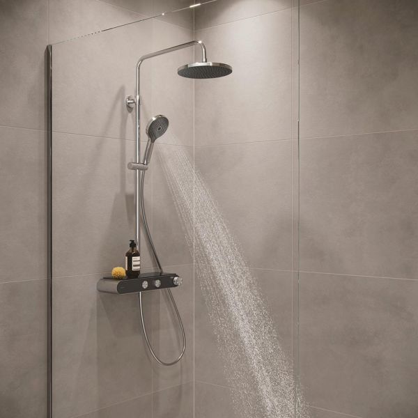 Duravit ShowerSystem Duschsystem mit höhenverstellbarer Regendusche, Thermostat, Ablage, chrom/schw