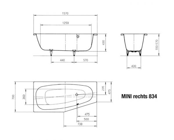 Kaldewei Mini rechts Raumspar-Badewanne 157x70/47,5cm Mod. 834