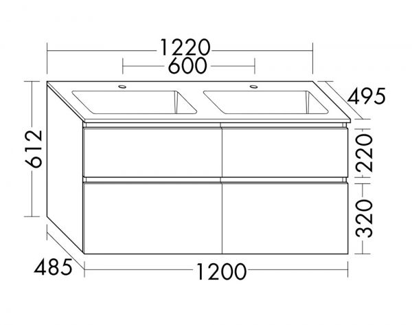 Burgbad Lin20 Mineralguss-Doppelwaschtisch mit Waschtischunterschrank, 4 Auszüge, wandhängend SGIB122