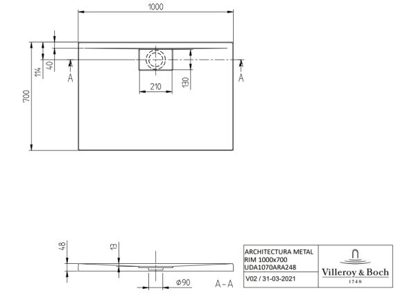 Villeroy&Boch Architectura MetalRim Duschwanne, 100x70cm UDA1070ARA248V-01
