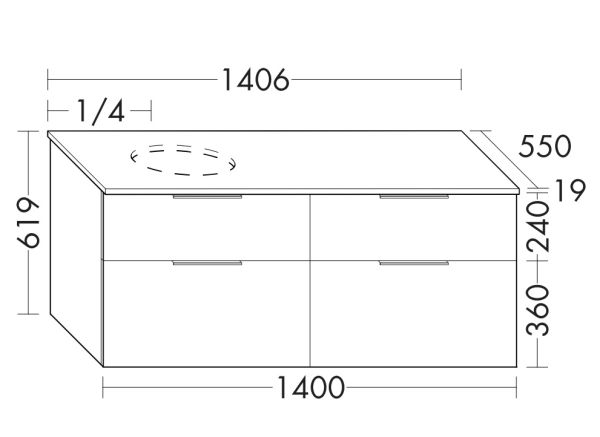 Burgbad Eqio Waschtischunterschrank für Aufsatzwaschtisch 140x55cm, mit Konsolenplatte, 4 Auszüge