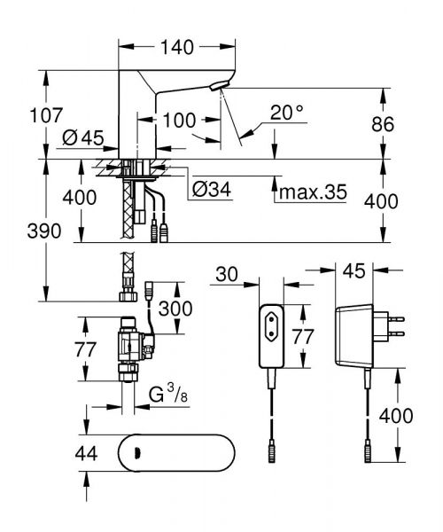 Grohe Euroeco Cosmopolitan E Infrarot-Elektronik für Waschtisch ohne Mischung Steckertrafo, chrom