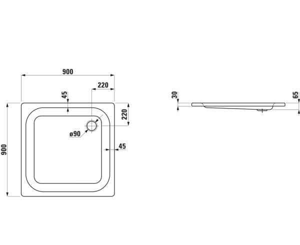 Laufen Platina Duschwanne 90x90cm flach, Einbauhöhe 6,5cm
